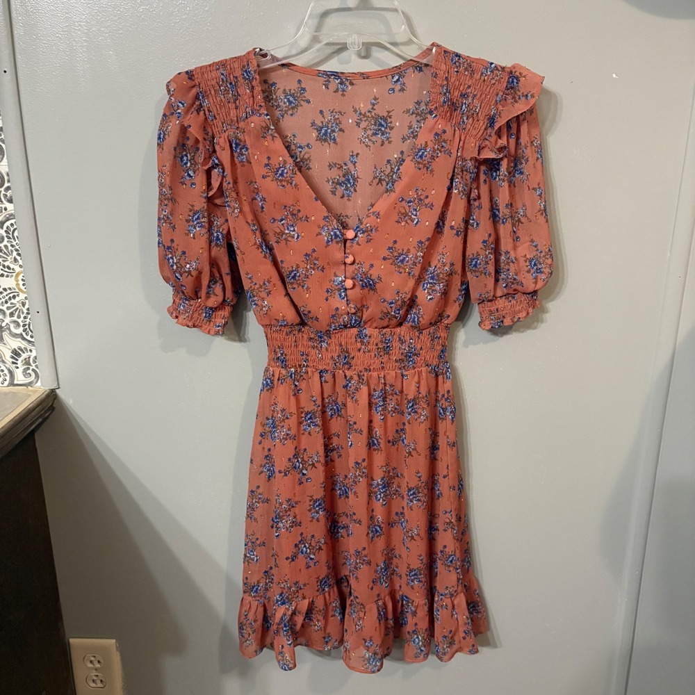 B. Smart Dusty Rose Pink Blue Floral Mini Smocked Ruffle Trim Dress (Junior 3)